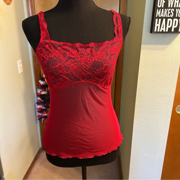 Jezebel Tops - Jezebel Y2K red lace and fishnet sheer camisole size M floral